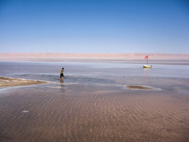 Chott El Jarid salt lake, Tunisia. Man walking on the shallow warm lake towards a fishing boat stranded with a Tunisian flag waving. Clear sunny day.