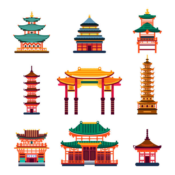 bunte chinesische gebäude, flache isoliert vektorgrafik. china traditionelle pagode stadthaus. - tempel stock-grafiken, -clipart, -cartoons und -symbole