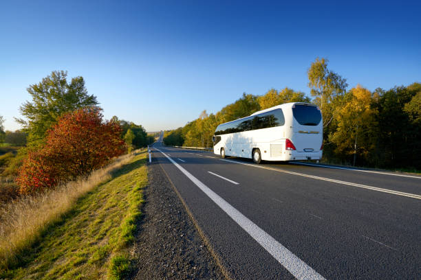 istock White bus traveling on the road between deciduous trees in autumn colors 1060264164