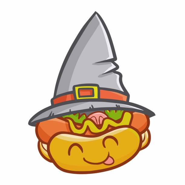 lustige hotdog tragen hexenhut für halloween - wearing hot dog costume stock-grafiken, -clipart, -cartoons und -symbole