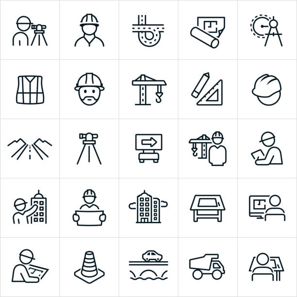 Engineering Icons A set of engineering icons. The icons include engineers, surveyors, road, blue prints, compass, crane, construction equipment, road, hard hat, building, drawing board, computer, construction cone and a bridge to name a few. blueprint icons stock illustrations
