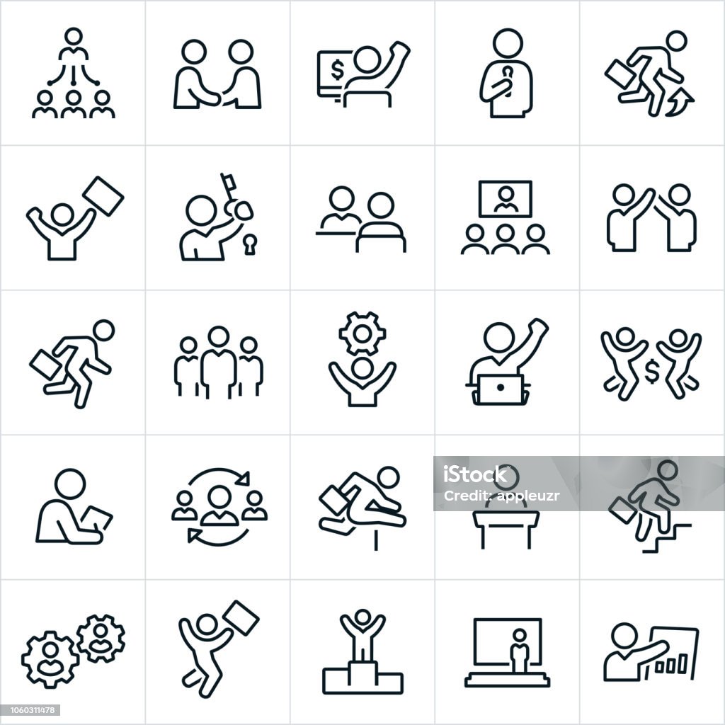 Business People Icons A set of business people icons. The icons show business people working in a business environment. They include business men, business people, managers, business team, teamwork, handshake, speech, presentation, moving up, arms raised, briefcase, key to success, success, successful, interview, video conference, cog, jumping for joy, hurdling, climbing stairs, winner podium and other related icons. Icon Symbol stock vector
