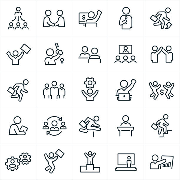 Business People Icons A set of business people icons. The icons show business people working in a business environment. They include business men, business people, managers, business team, teamwork, handshake, speech, presentation, moving up, arms raised, briefcase, key to success, success, successful, interview, video conference, cog, jumping for joy, hurdling, climbing stairs, winner podium and other related icons. interview event icons stock illustrations
