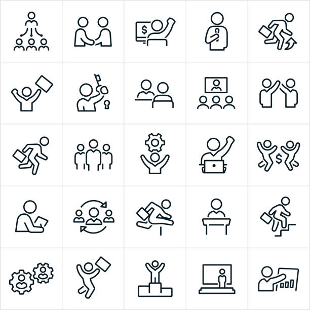 Business People Icons A set of business people icons. The icons show business people working in a business environment. They include business men, business people, managers, business team, teamwork, handshake, speech, presentation, moving up, arms raised, briefcase, key to success, success, successful, interview, video conference, cog, jumping for joy, hurdling, climbing stairs, winner podium and other related icons. man at podium stock illustrations