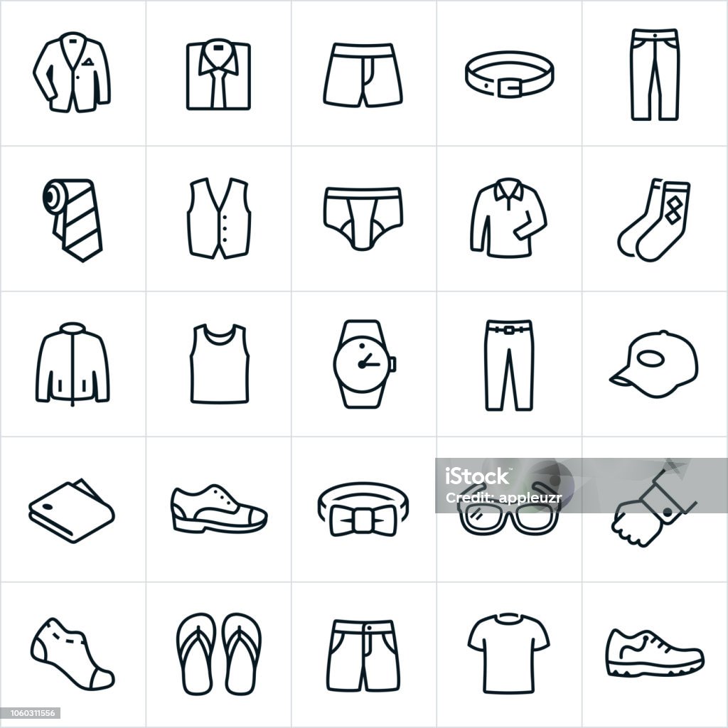 Mens Clothing Icons A set of men's clothing icons. The icons include a suit coat, dress shirt, button down shirt, underwear, belt, pants, dress pants, tie, vest, boxer shorts, shirt, socks, jacket, t-shirt, watch, hat, wallet, shoes, bow tie, glasses, cuff link, sandals, flip flops, shorts and tennis shoe to name a few. Icon Symbol stock vector