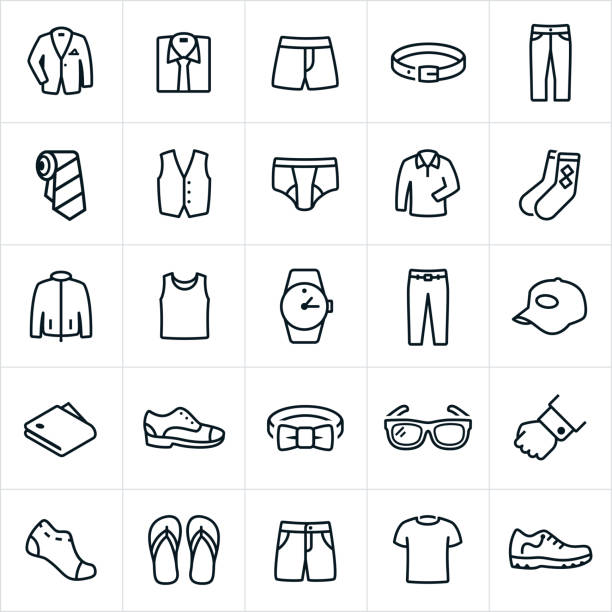 Mens Clothing Icons A set of men's clothing icons. The icons include a suit coat, dress shirt, button down shirt, underwear, belt, pants, dress pants, tie, vest, boxer shorts, shirt, socks, jacket, t-shirt, watch, hat, wallet, shoes, bow tie, glasses, cuff link, sandals, flip flops, shorts and tennis shoe to name a few. mens fashion stock illustrations
