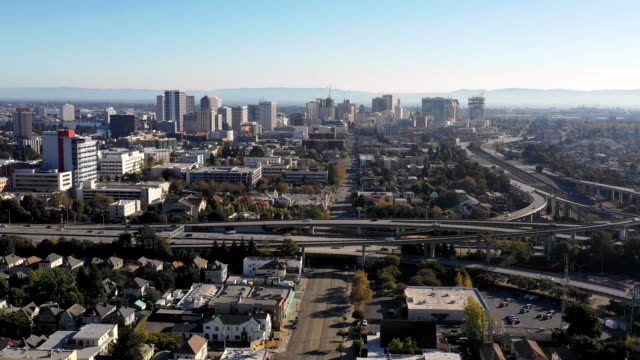 Aerial View Looking East into the Downtown City Skyline of Oakland Califonia