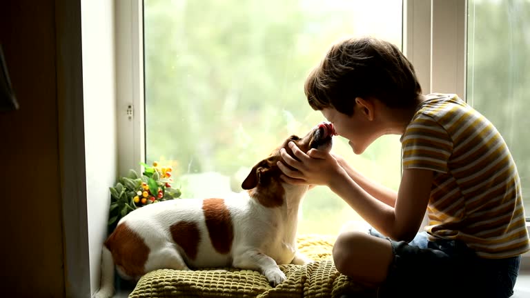 Child kisses his dog friend in nos.