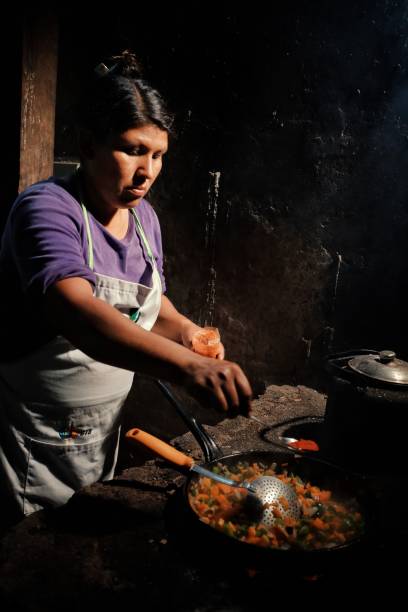 彼女の熱帯雨林の赤パプリカと一緒に家で料理を伝統的な部族の地元のおばちゃん - wood fire oven ストックフォトと画像
