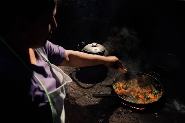 彼女の熱帯雨林のホームで伝統的な料理を地元の部族女性 - wood fire oven ストックフォトと画像