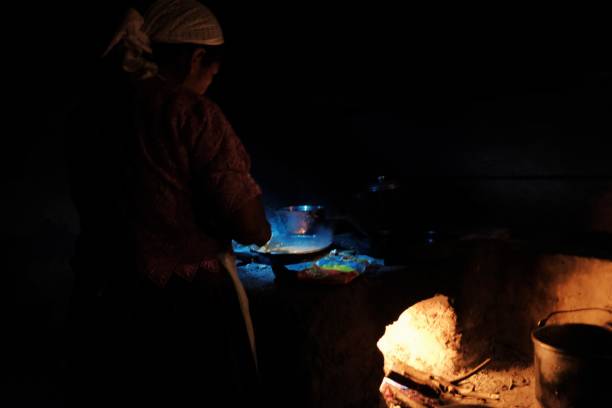 夜彼女の熱帯雨林の家で伝統的な料理地元の部族の女性 - wood fire oven ストックフォトと画像
