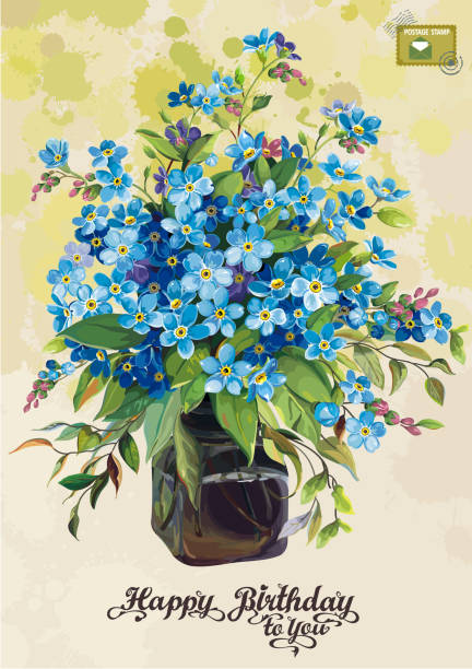 illustrations, cliparts, dessins animés et icônes de beau bouquet de fleurs de myosotis bleu fleuri avec laisse dans un vase de verre. floral carte postale dans un style rétro. - forget me not flower flower head blue