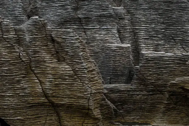 Close up, Detail of the Pancake rocks, West coast, New Zealand. Cloudy day.