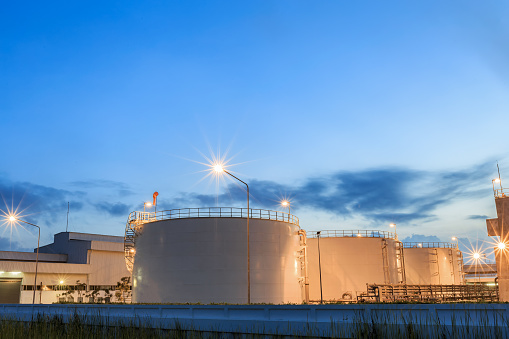 Gas storage tanks and a large oil-refinery plant