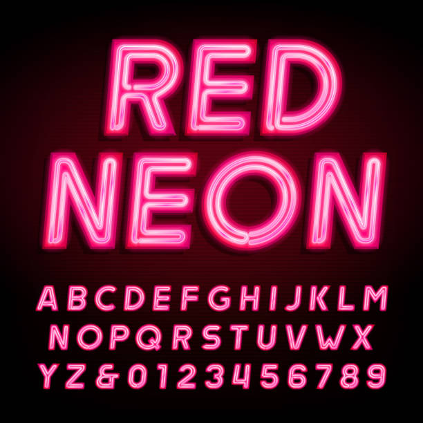 istock Red neon tube alphabet font. Neon color letters and numbers on a dark background. 1060366776
