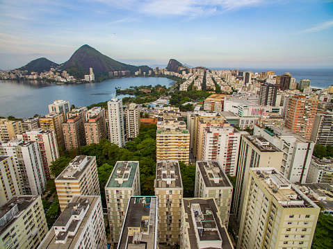 City of Rio de Janeiro, District of Leblon with the lagoon Rodrigo de Freitas in the background. Brazil South America.