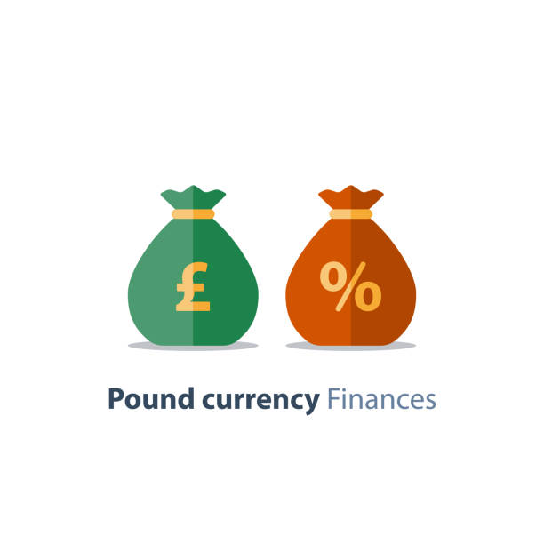 torby na pieniądze, znak funta, wymiana walut, oszczędności i inwestycje, rozwiązanie finansowe - stock certificate certificate mutual fund finance stock illustrations