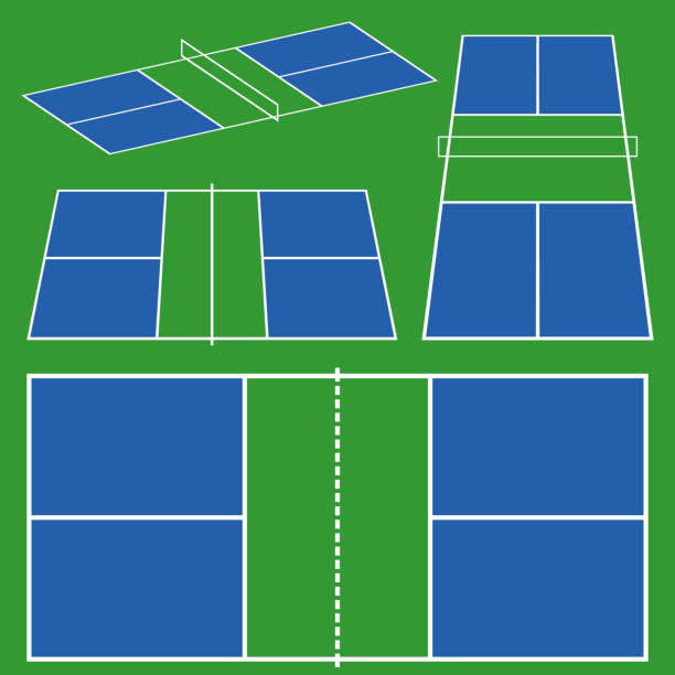 pickleball court game scheme pickleball court game scheme. different perspective top, side, isometric view in flat line color. stock vector illustration pickleball stock illustrations