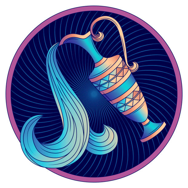 Aquarius zodiac sign, horoscope symbol blue vector Aquarius zodiac sign, astrological, horoscope symbol. Futuristic icon. Stylized graphic blue amphora decorated with a geometric pattern. Water is poured from a jug with a handle. Vector illustration. Aquarius stock illustrations