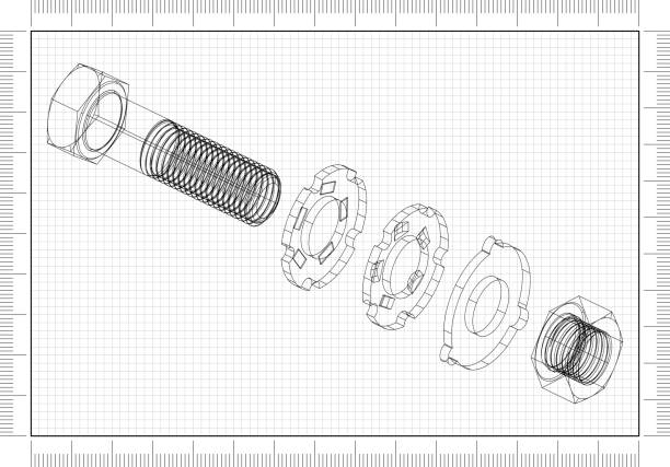 verbindungselement 3d bauplan - nut blueprint work tool construction stock-fotos und bilder