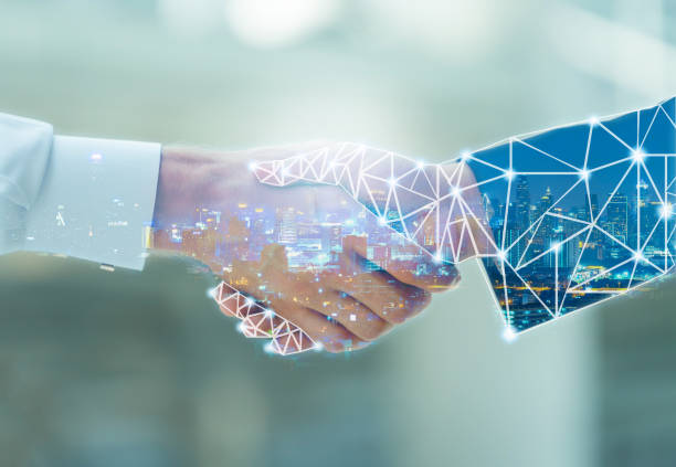 istock Business man handshake and network connection graphic 1060389328