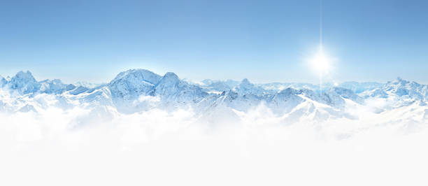 panorama of winter mountains in caucasus region, elbrus mountain, - skiing winter snow mountain imagens e fotografias de stock