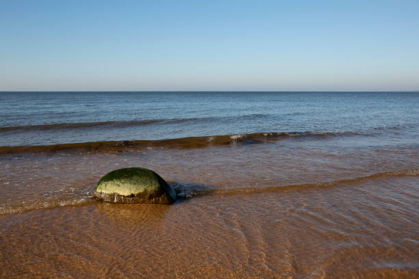 Calm sunny autumn Baltic Sea landscape with lonely stone stock photo