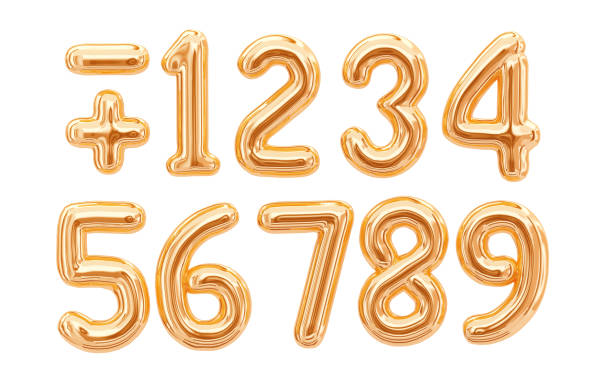 Gold foil numbers, 1, 2, 3, 4, 5, 6, 7, 8, 9 isolated on white background.