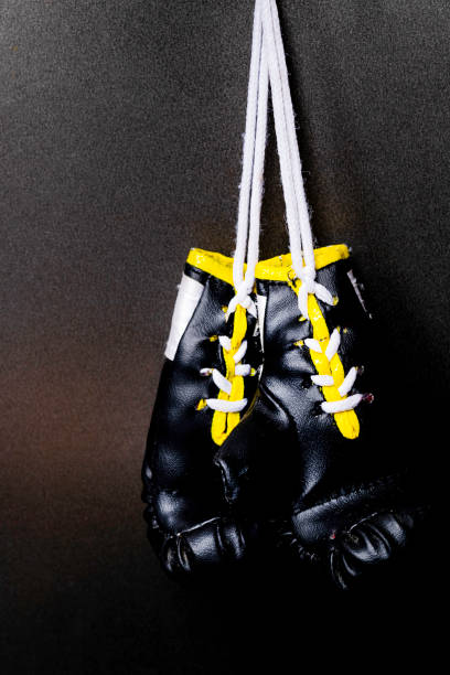 istock two hanging black boxing gloves on black background 1060398558