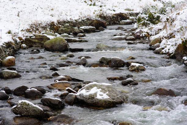 Valira river whit snow, Bordes de Envalira, Canillo, Andorra.