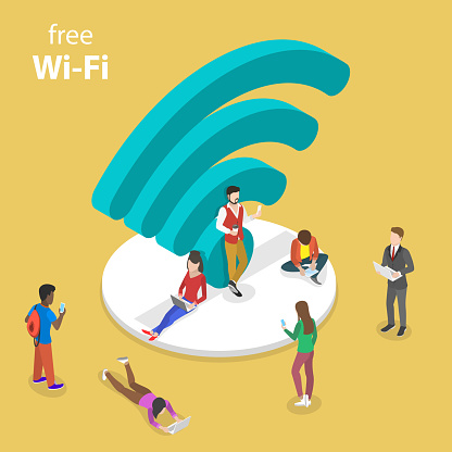 Isometric flat vector concept of free wifi, wi-fi hotspot, public access.