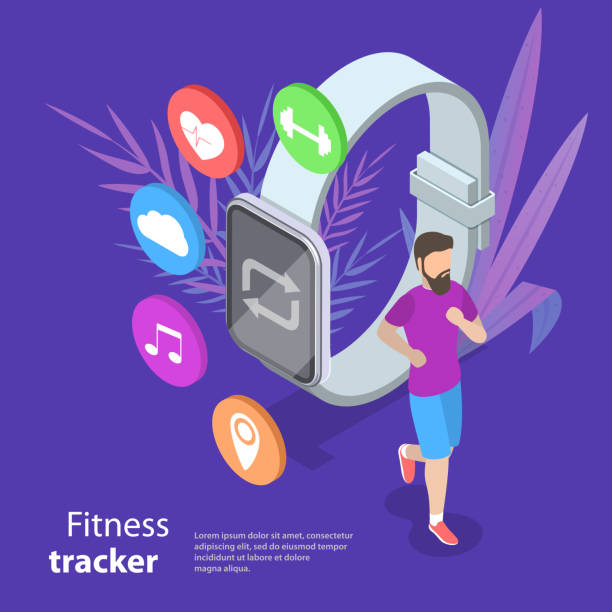 Isometric flat vector concept of fitness tracker, smart watch. Isometric flat vector concept of fitness tracker, smart watch, sport and healthy lifestyle. wrist exercise stock illustrations