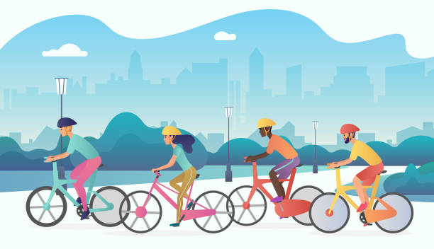 ilustraciones, imágenes clip art, dibujos animados e iconos de stock de los ciclistas del deporte de personas andan en bicicleta en el parque público de la ciudad. ilustración de vector de reflexión moderno color. - cycling teenager action sport