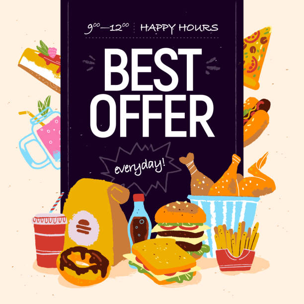 illustrazioni stock, clip art, cartoni animati e icone di tendenza di illustrazione vettoriale disegnata a mano per fast food café offerta speciale pubblicità o banner design con pizza, ciambella, soda, hamburger, patatine fritte, panino, pollo, cheesecake ecc. - coffee donut old fashioned snack