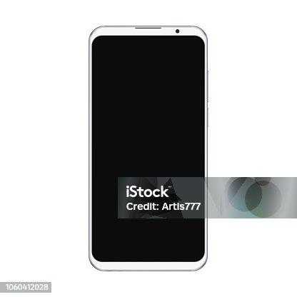 istock Realistic trendy white smartphone mockup with blank black screen isolated on white background. For any user interface test or presentation. 1060412028