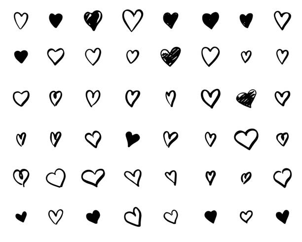 ilustraciones, imágenes clip art, dibujos animados e iconos de stock de conjunto de corazones dibujados a mano doodle - corazon