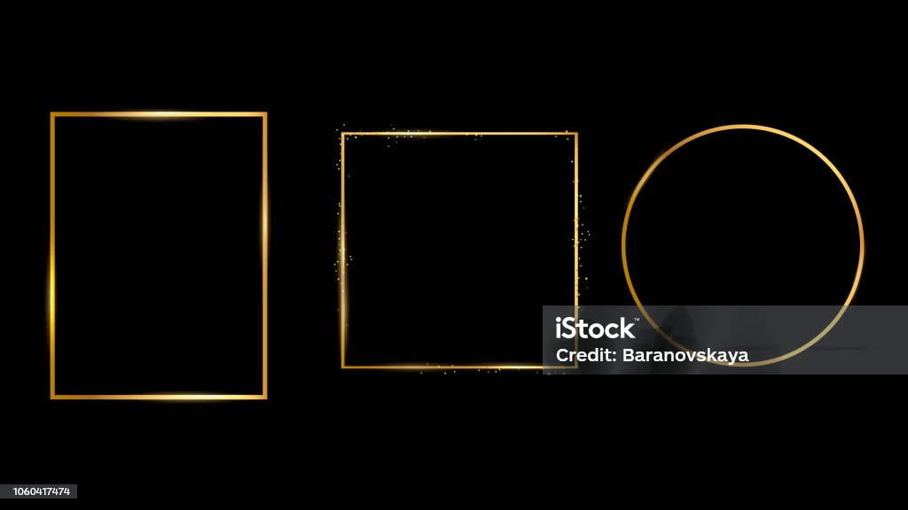 Frame label gold sale holiday vector poster Golden light frame. Vector golden frame with lights effects. Shining rectangle banner. Set of the frames Border - Frame stock vector