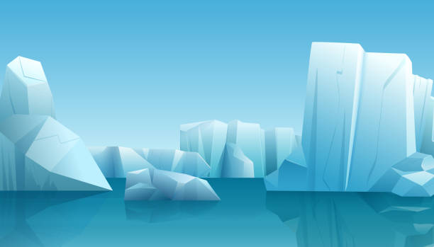 ilustraciones, imágenes clip art, dibujos animados e iconos de stock de vector ilustración de invierno de naturaleza invierno ártico paisaje con hielo iceberg azul pura agua y nieve colinas. - arctic