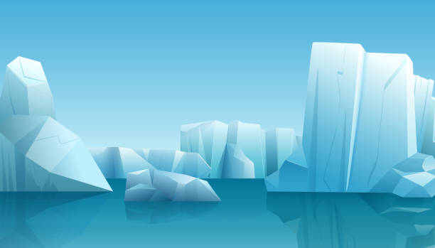 illustrazioni stock, clip art, cartoni animati e icone di tendenza di illustrazione vettoriale invernale del paesaggio artico invernale della natura con iceberg di ghiaccio, acqua pura blu e colline innevate. - iceberg ice mountain arctic
