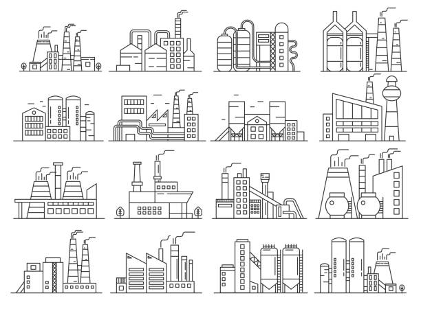 Factory building line style set. Indistrial construction and commercial architecture outline stroke set. Factory building line style set. Indistrial construction and commercial architecture outline stroke set refinery stock illustrations