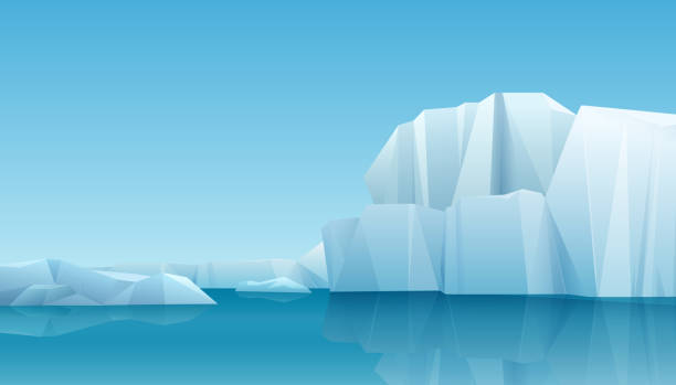 ilustraciones, imágenes clip art, dibujos animados e iconos de stock de panorama de invierno ártico paisaje con montañas de hielo y iceberg. fondo de vector de clima frío invierno. - arctic