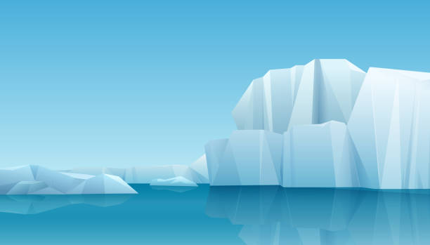 illustrazioni stock, clip art, cartoni animati e icone di tendenza di paesaggio panoramico invernale artico con iceberg e montagne di ghiaccio. clima freddo inverno sfondo vettoriale. - islande