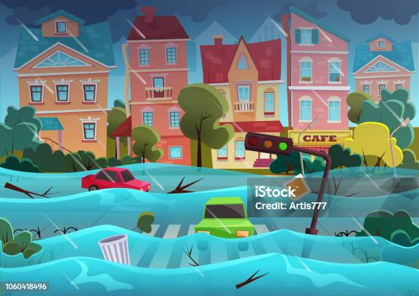  Ilustración de Desastres Naturales De Inundaciones En Concepto De La Ciudad De Dibujos Animados Coches Con