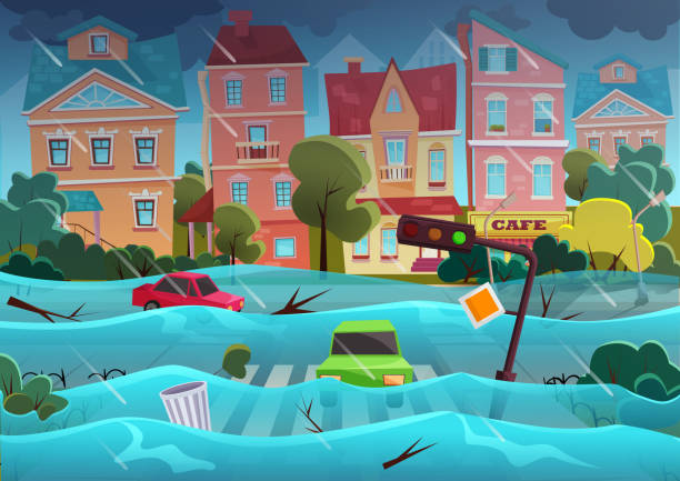 ilustrações de stock, clip art, desenhos animados e ícones de flood natural disaster in cartoon city concept. city floods and cars with garbage floating in the water. storm city landscape background for poster or card. - flood hurricane road damaged