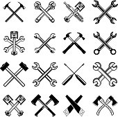 istock Set of crossed saws, hammers, pistons, wrench, axe. Design element for  label, emblem, sign. 1060422978