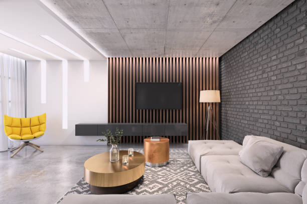 istock Modern living room with large TV on the wall 1060425536