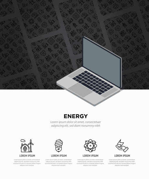 illustrations, cliparts, dessins animés et icônes de concept de l’énergie, modèle de page web avec ordinateur portable et les icônes de la mince ligne : usine, plate-forme pétrolière, hydroélectricité, énergie éolienne, prise de courant, radioactivité, ordures, recyclage. illustration vectoriell - station symbol computer icon gasoline