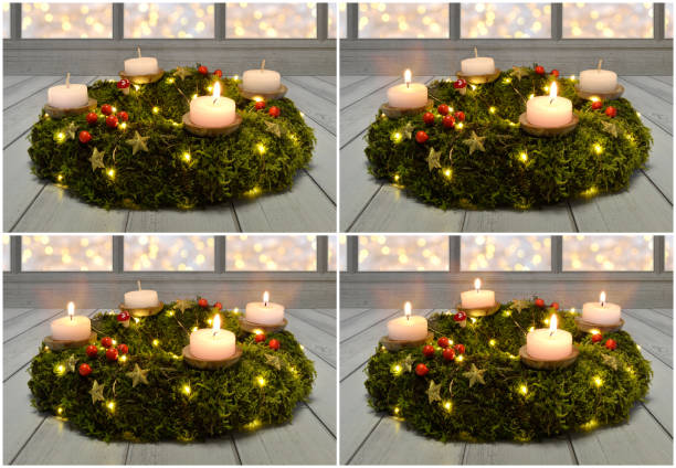 istock advent christmas wreath candles evening dark wood moss 1060426838