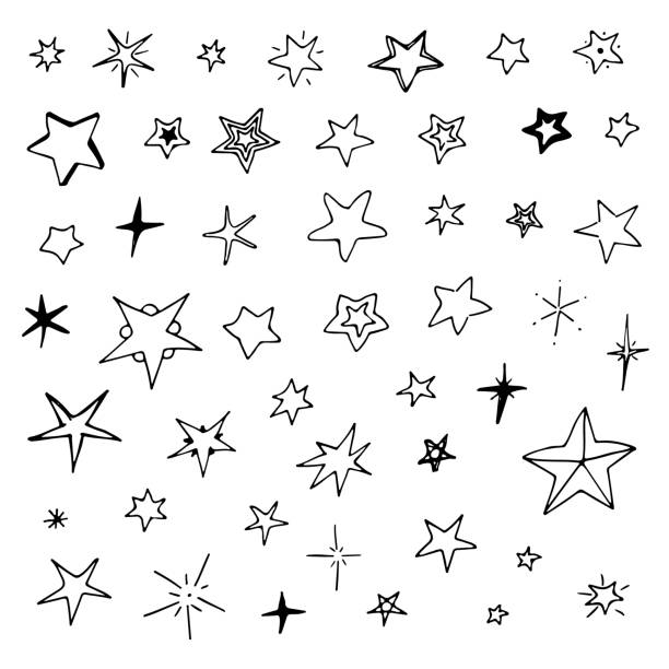 illustrazioni stock, clip art, cartoni animati e icone di tendenza di set di stelle disegnate a mano, grande collezione di stelle doodle - echinoderm