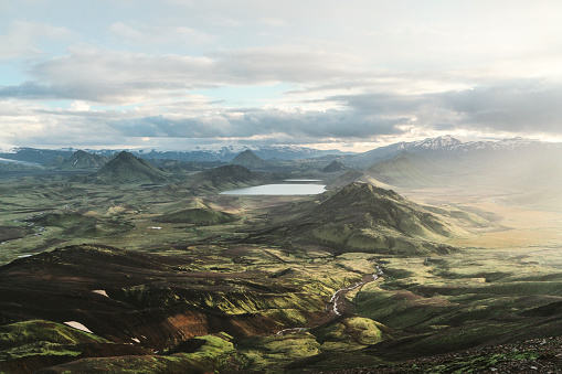 Scenic view of Alftavatn lake valley at sunset